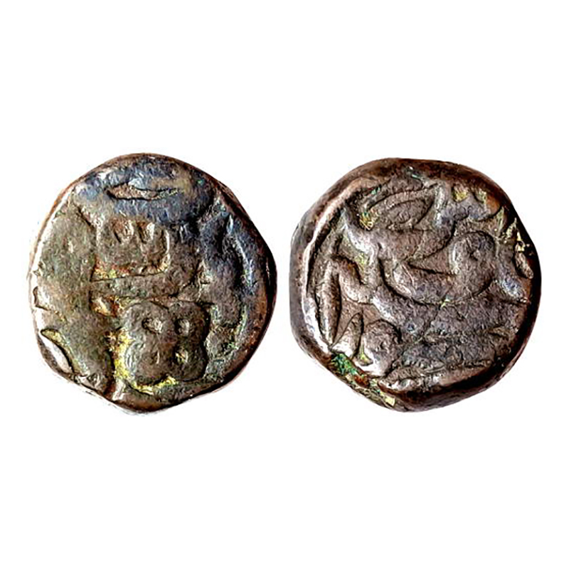 Akbar, Chittor Mint, Dam, Copper, 20.52 g, Falus at top and complete mint name Chitor at b
