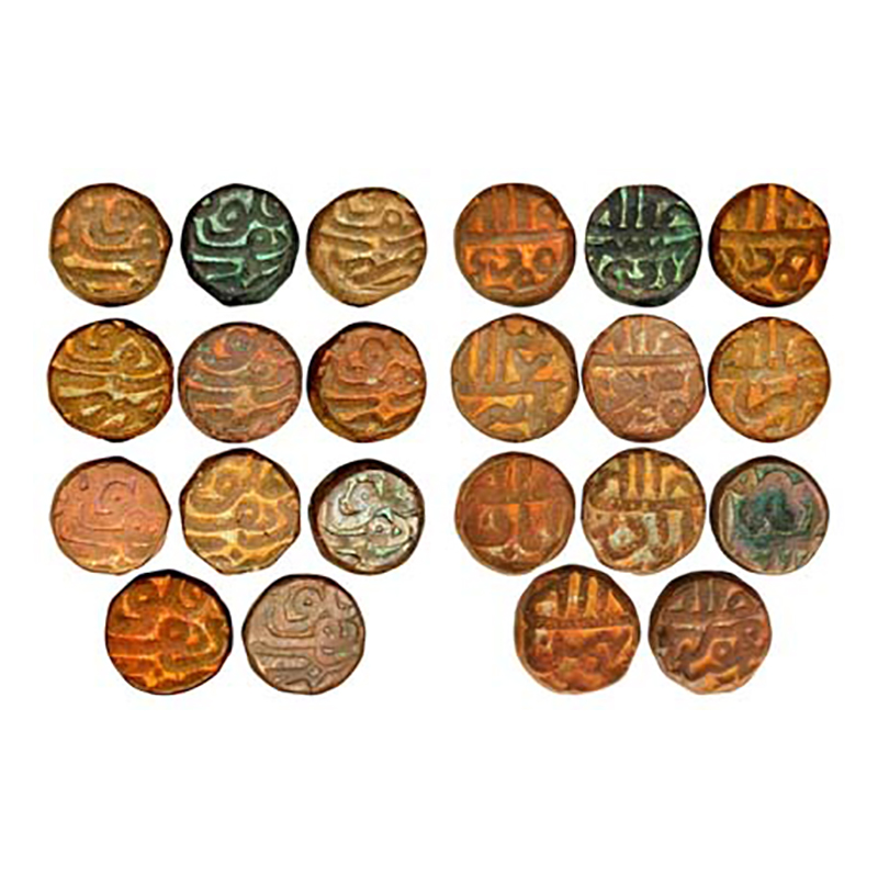 Akbar, Delhi Mint, Set of 11 different Months, Dam, Copper: 1: Farwardin Ilahi 40, 2: Ardi