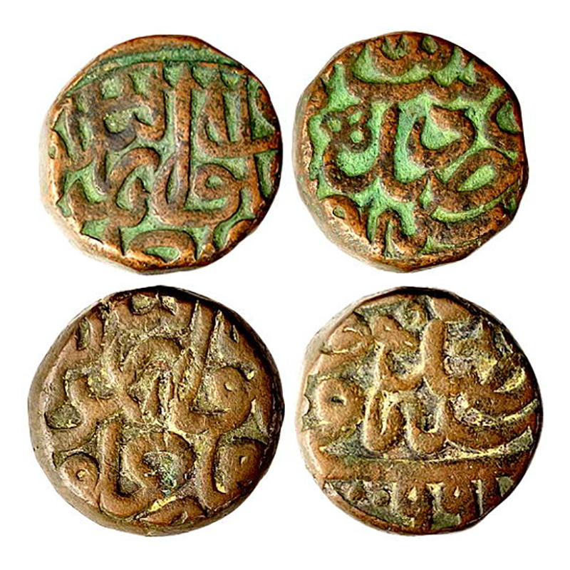 Akbar, Dogaon Mint, Dam, Copper (2), 20.61 & 20.65 g, Zarb Falus Dogaon on one side and ye