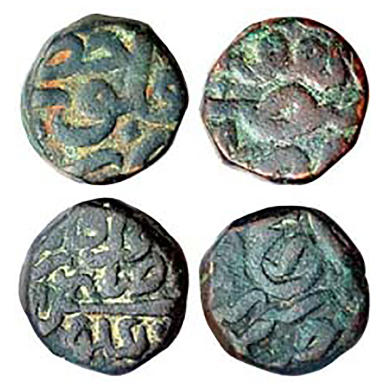 Akbar, Hisar Firoza Mint, ½ Dam, Copper (2), 10.15 & 10.24 g, year on obv, Falus Hisar Fir
