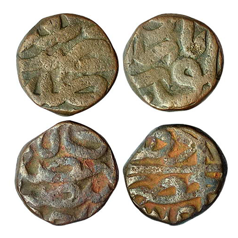 Akbar, Narnol Mint, Dam, Copper (2), 10.16 & 10.21 g, Zarb Falus Narnol on obv; and year i