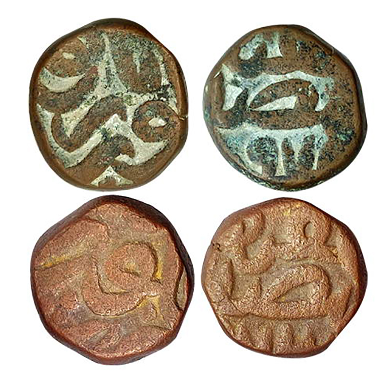 Akbar, Narnol Mint, Dam, Copper (2), 9.94 & 10.29 g, Zarb Falus Narnol on obv; and year in