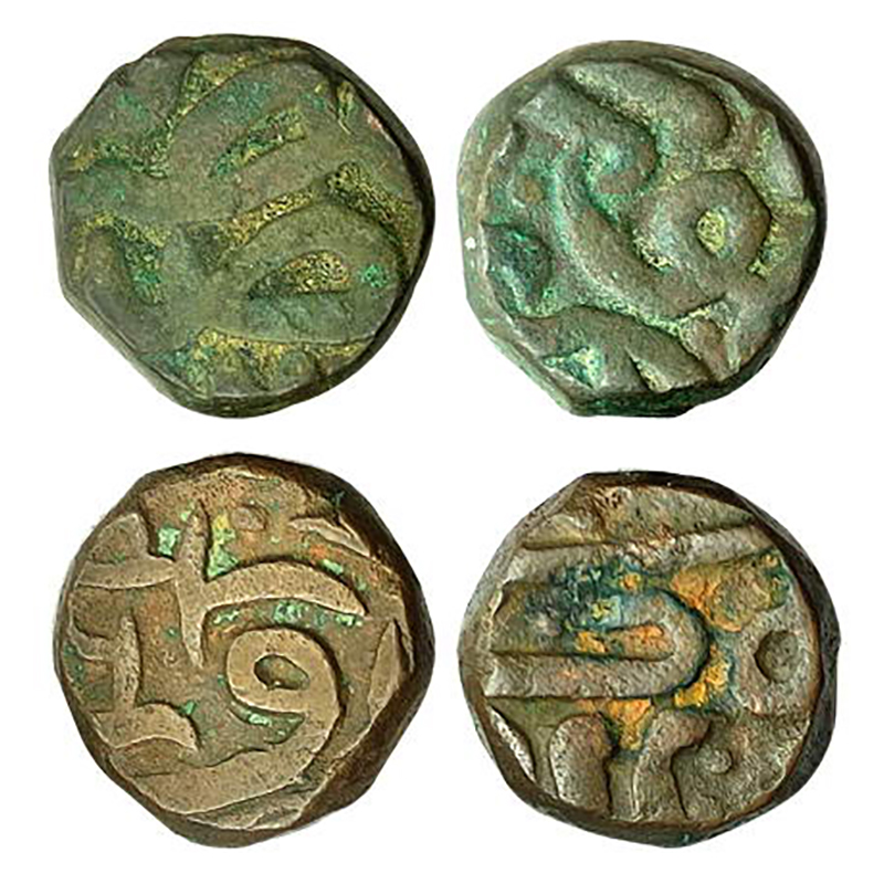 Akbar, Narnol Mint, Dam, Copper (2), 9.74 & 10.37 g, Zarb Falus Narnol on obv; and year in