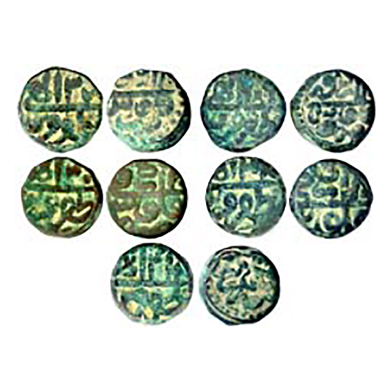 Akbar, Urdu Zafar Qarin Mint, Dam, Copper (5), 20.63, 20.33, 20.64, 20.45, & 20.45 g. Ilah