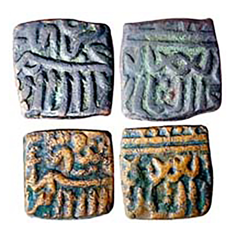 Akbar, Malwa issue, Square Falus, Copper (2), 6.13 and 6.43 g, name of Akbar as Jalal ud d