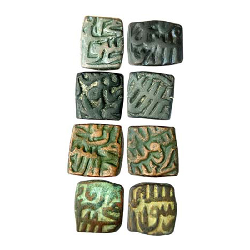 Akbar, Malwa issue, Square Falus, Copper (4), 6.49, 6.13, 6.74 and 6.77 g, Kalima on obv, 