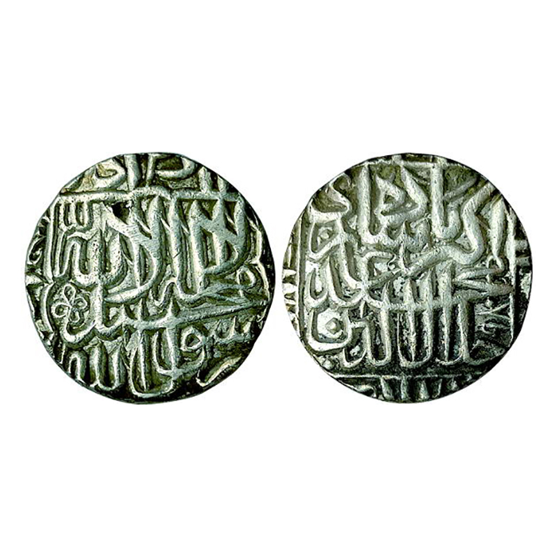 Akbar, Agra Mint, Kalima type, Rupee, Silver, 11.39 g, Mint name at bottom on rev, Kalima 