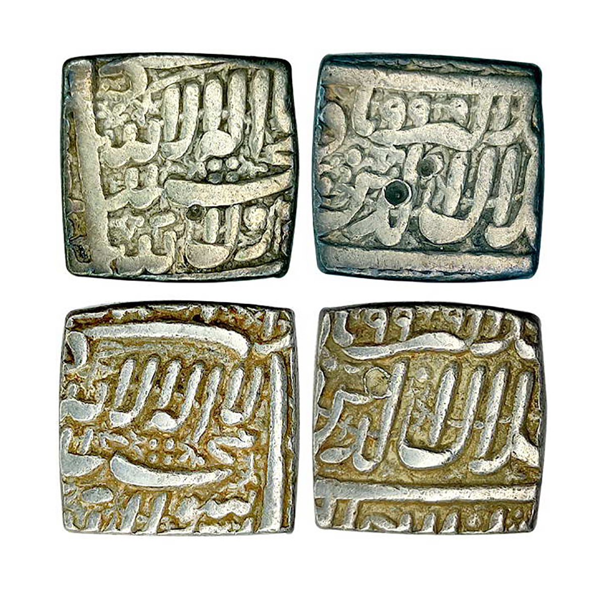 Akbar, Ahmedabad Mint, Square Rupee, Silver (2), 11.30 & 11.39 g, Kalima on obv, mint name
