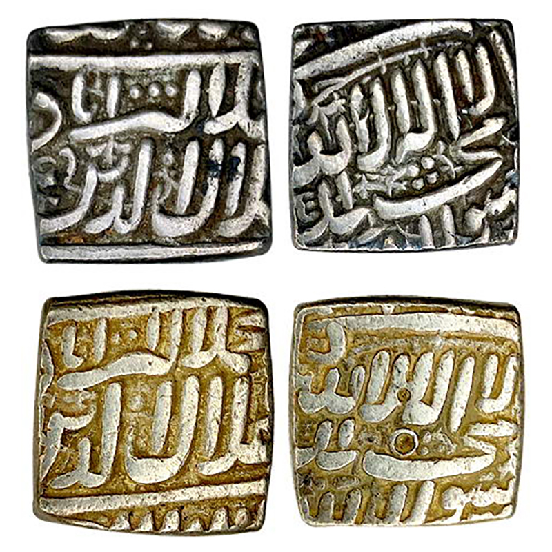 Akbar, Ahmedabad Mint, Square Rupee, Silver (2), 11.28 & 11.32 g, Kalima on obv, mint name