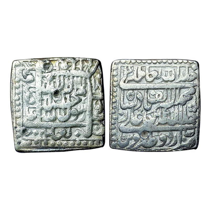 Akbar, Urdu Zafar Qarin Mint, Square Rupee, Silver, 11.31 g, Kalima on obv, complete mint 