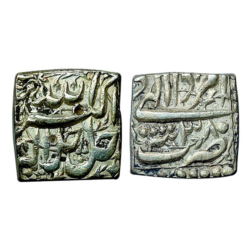 Akbar, Square Rupee, Tatta Mint, Silver, 5.54 g, Allahu Akbar Jal Jalalhu type on obv, min