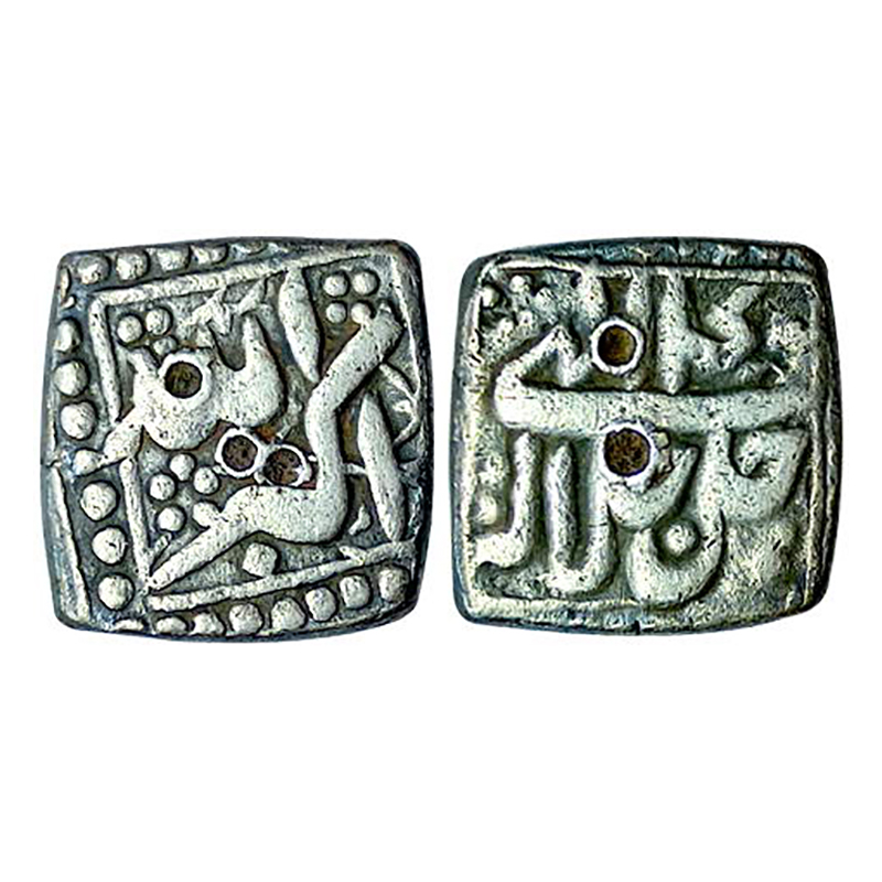 Akbar, Square ½ Rupee, Mintless, Silver, 5.61 g, Allahu Akbar on obv, Jal Jalalhu at botto