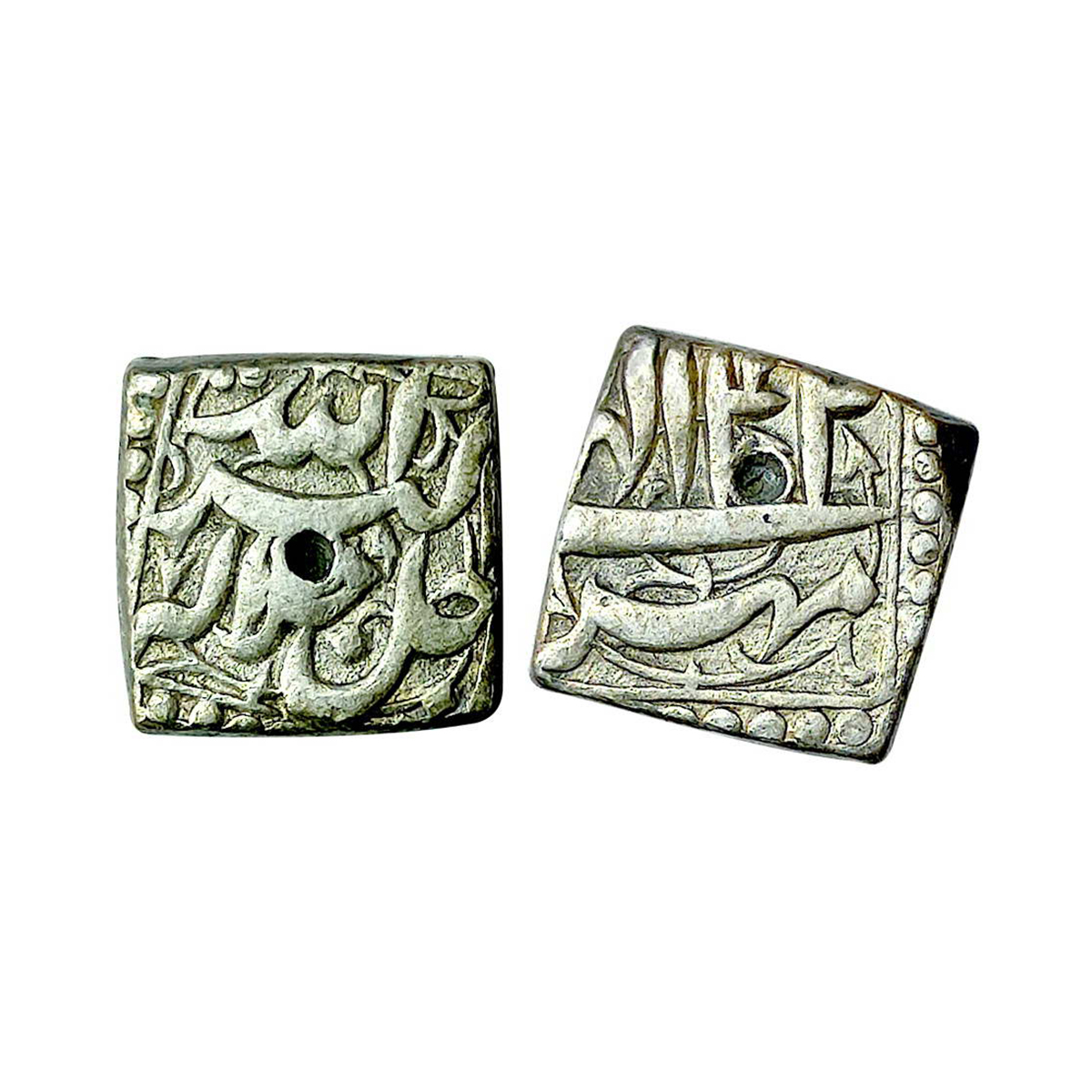 Akbar, Square ½ Rupee, Mintless, Silver, 5.67 g, Allahu Akbar Jal Jalalhu on obv, Ilahi 42