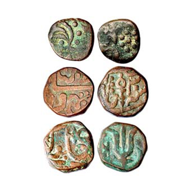 Marathas, Copper (3), Takka, 15.21 g, Trident type; 12.38 g, Paisa, Orchha state; and Sail