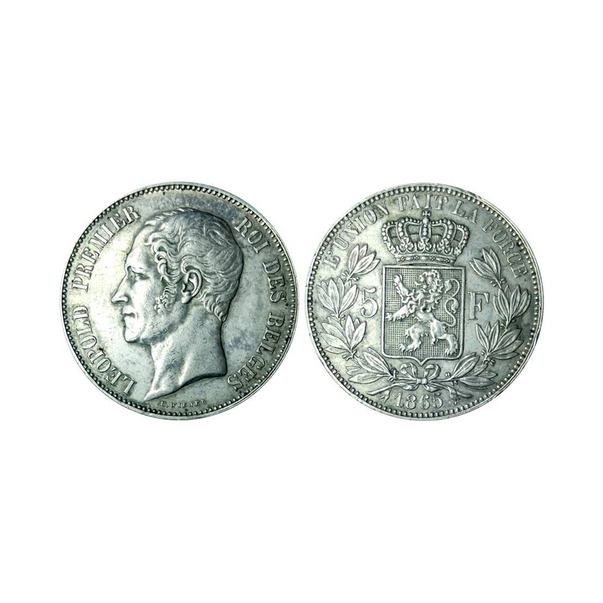 Belgium, Leopold II, 5 Francs, Silver, 24.88 g, 1865, Royal Mint, Obv: Head of King Leopol