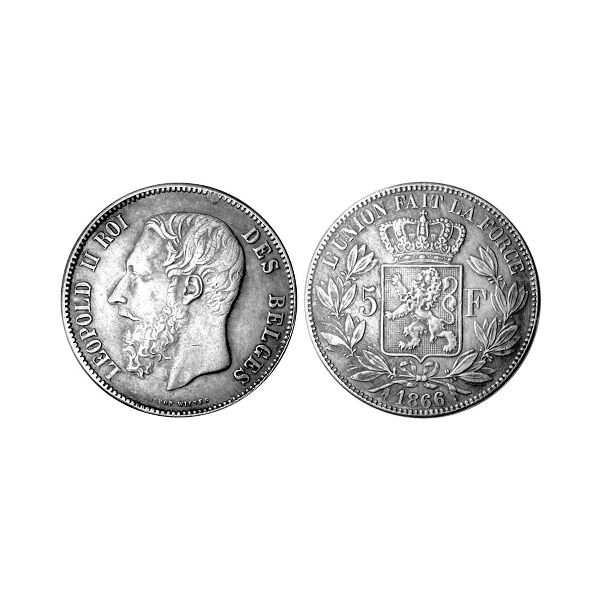 Belgium, Leopold II, 5 Francs, Silver, 24.76 g, 1866, Royal Mint, Obv: Head of King Leopol