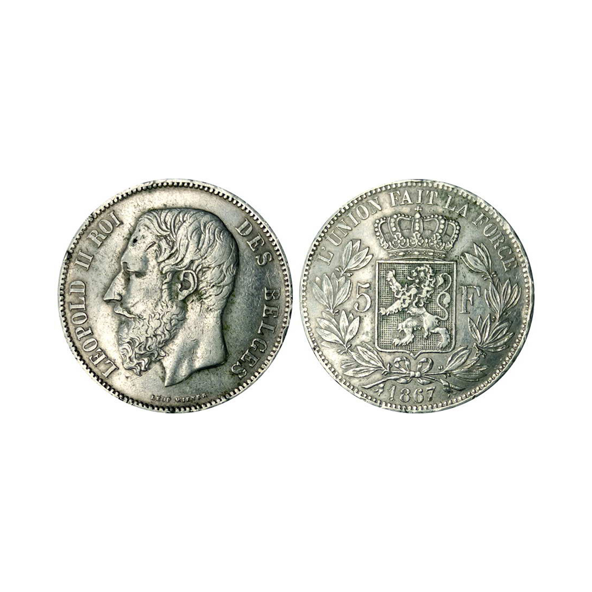 Belgium, Leopold II, 5 Francs, Silver, 24.85 g, 1867, Royal Mint, Obv: Head of King Leopol
