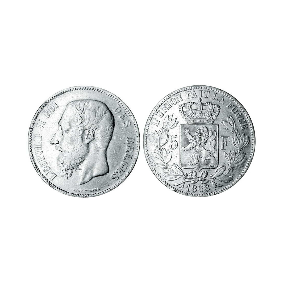 Belgium, Leopold II, 5 Francs, Silver, 24.73 g, 1868, Royal Mint, Obv: Head of King Leopol