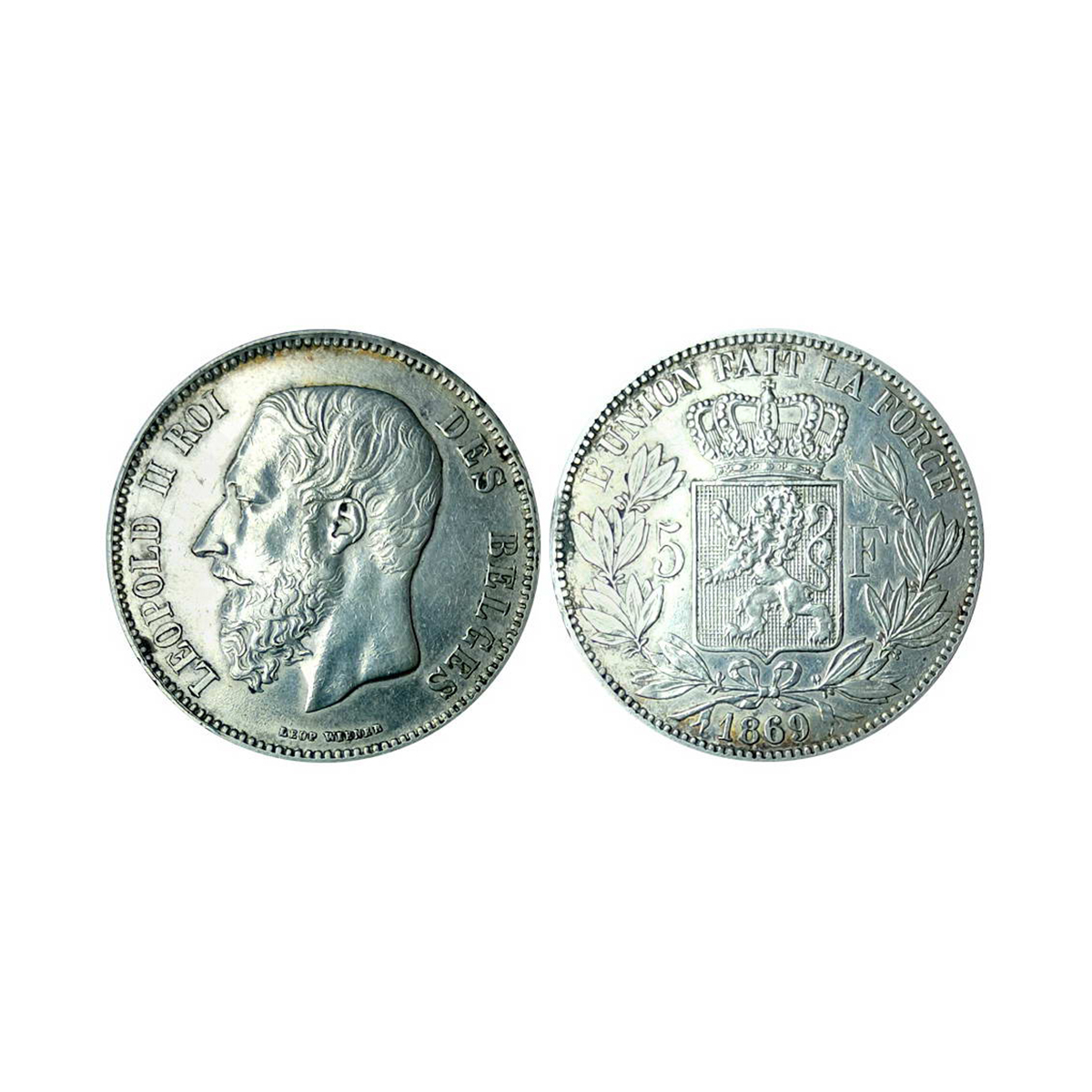 Belgium, Leopold II, 5 Francs, Silver, 24.83 g, 1869, Royal Mint, Obv: Head of King Leopol