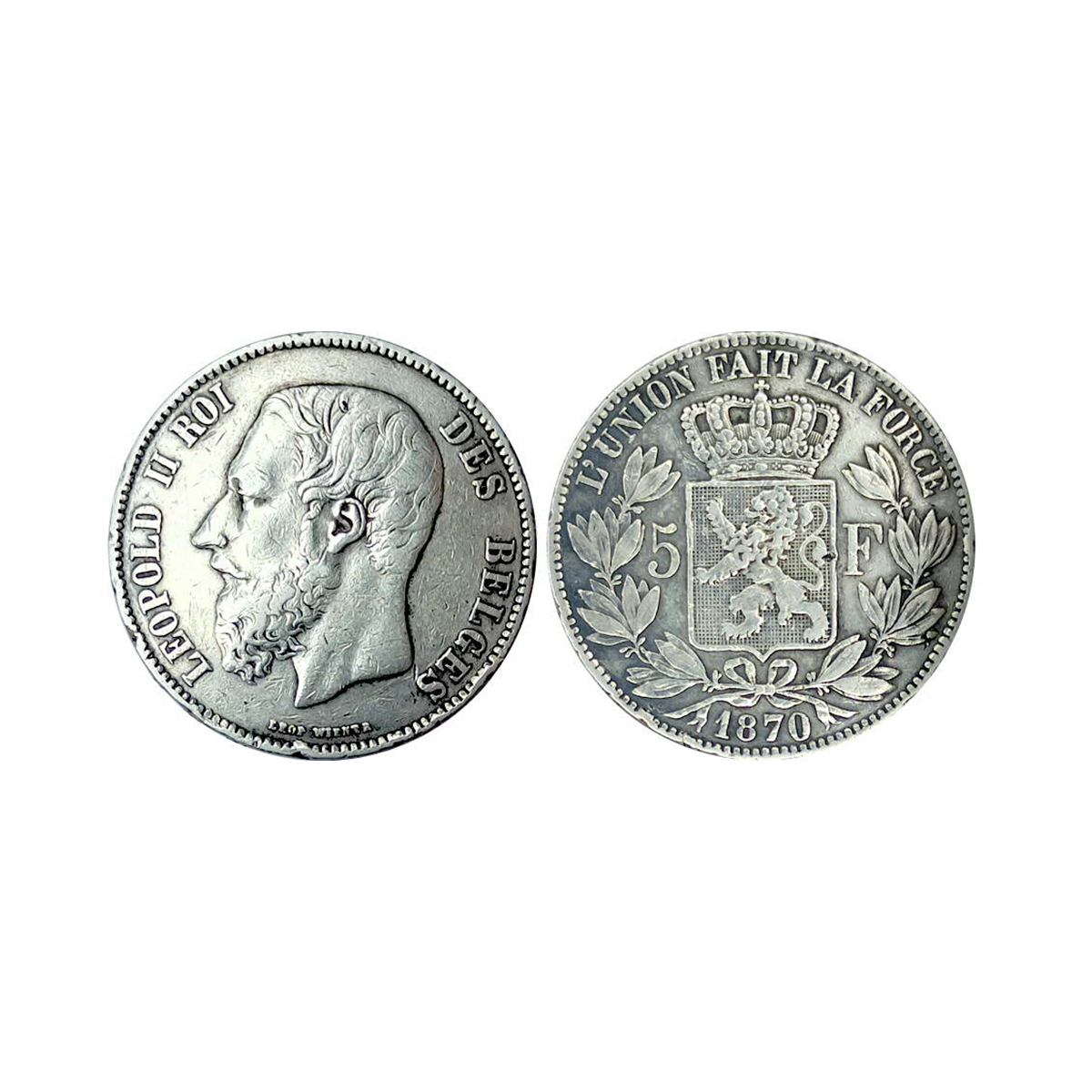 Belgium, Leopold II, 5 Francs, Silver, 24.75 g, 1870, Royal Mint, Obv: Head of King Leopol