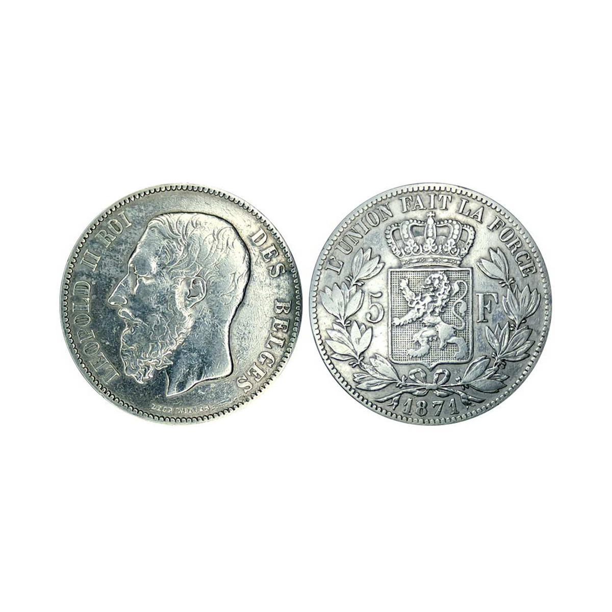 Belgium, Leopold II, 5 Francs, Silver, 24.75 g, 1871, Royal Mint, Obv: Head of King Leopol