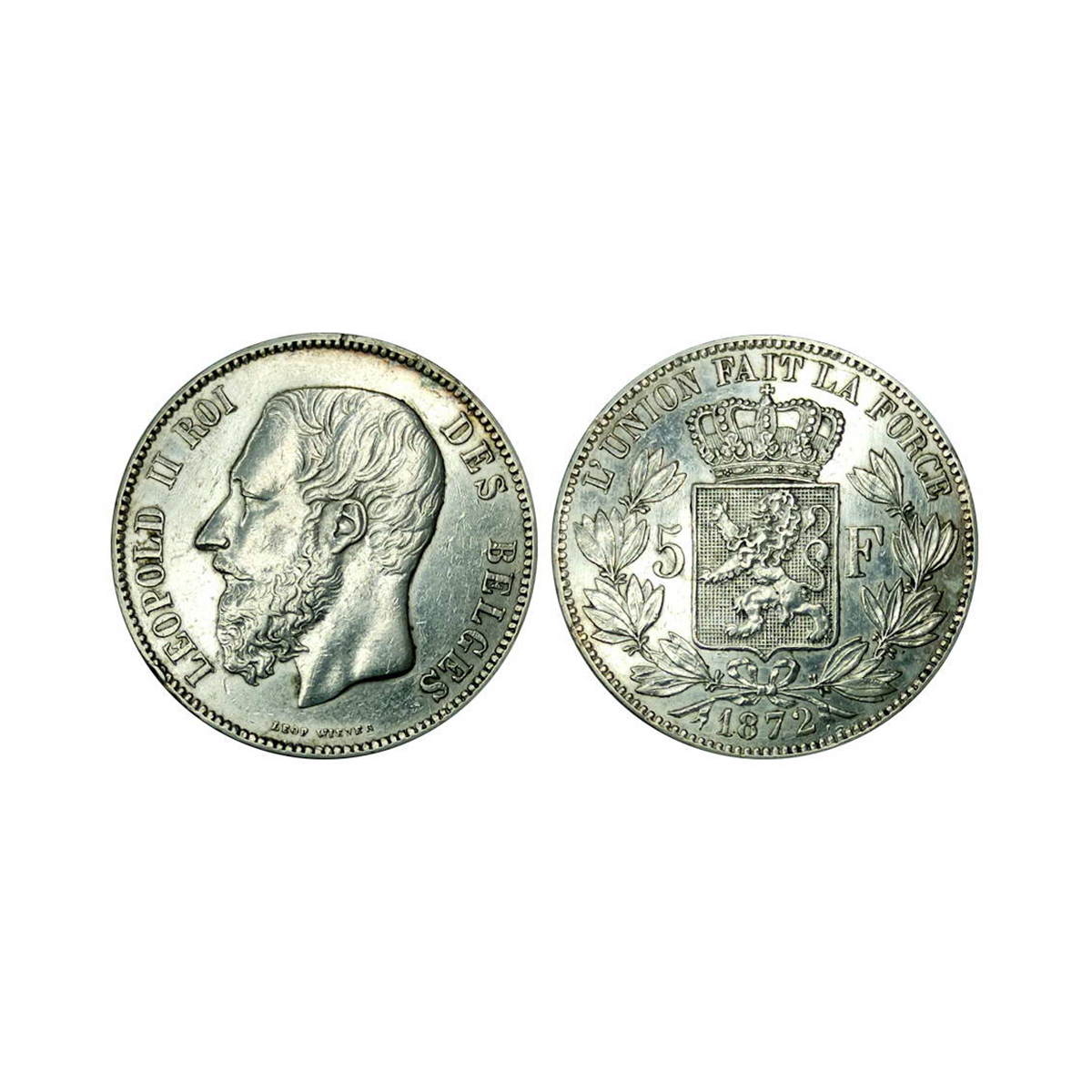 Belgium, Leopold II, 5 Francs, Silver, 24.90 g, 1872, Royal Mint, Obv: Head of King Leopol