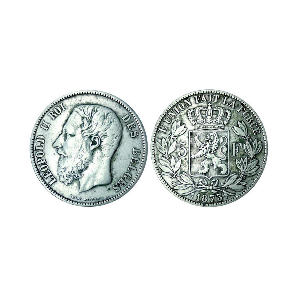 Belgium, Leopold II, 5 Francs, Silver, 24.74 g, 1873, Royal Mint, Obv: Head of King Leopol