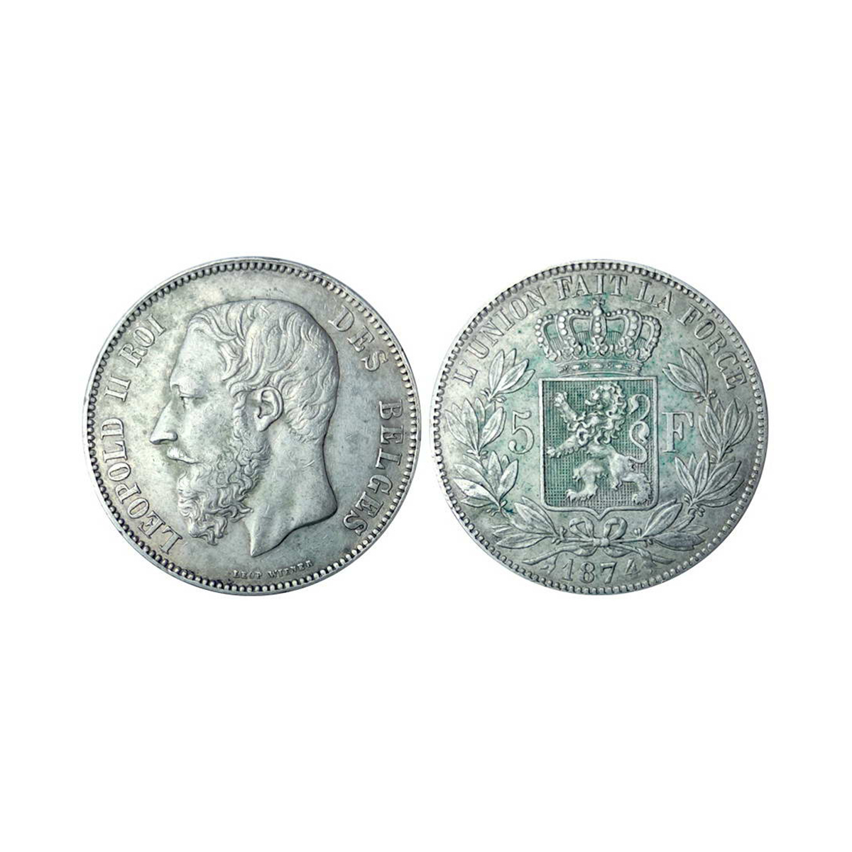 Belgium, Leopold II, 5 Francs, Silver, 24.91 g, 1874, Royal Mint, Obv: Head of King Leopol
