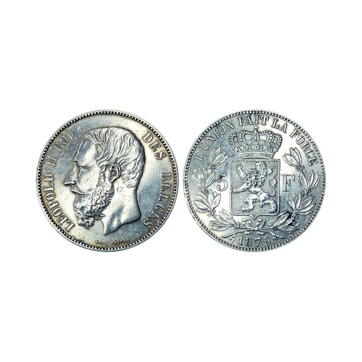 Belgium, Leopold II, 5 Francs, Silver, 24.90 g, 1875, Royal Mint, Obv: Head of King Leopol