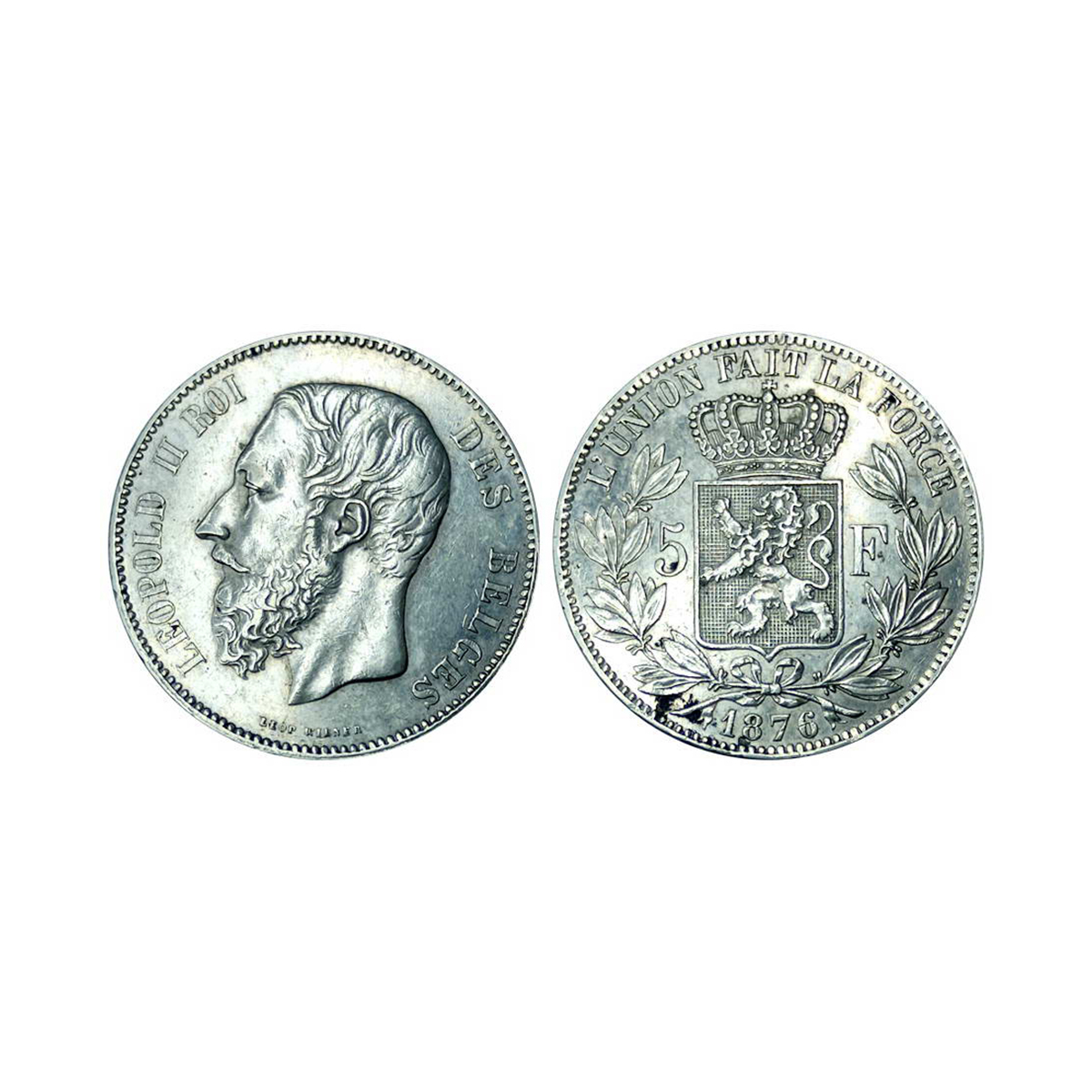 Belgium, Leopold II, 5 Francs, Silver, 24.96 g, 1876, Royal Mint, Obv: Head of King Leopol
