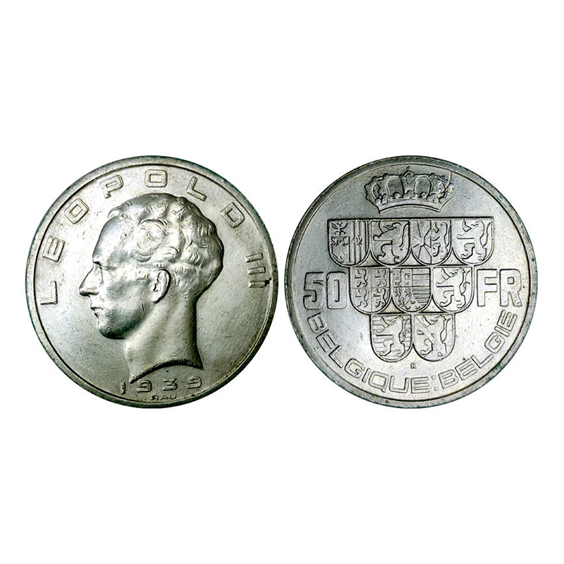 Belgium, Leopold III, 50 Francs, Silver, 19.93 g, 1939, Obv: Portrait of King Leopold III 