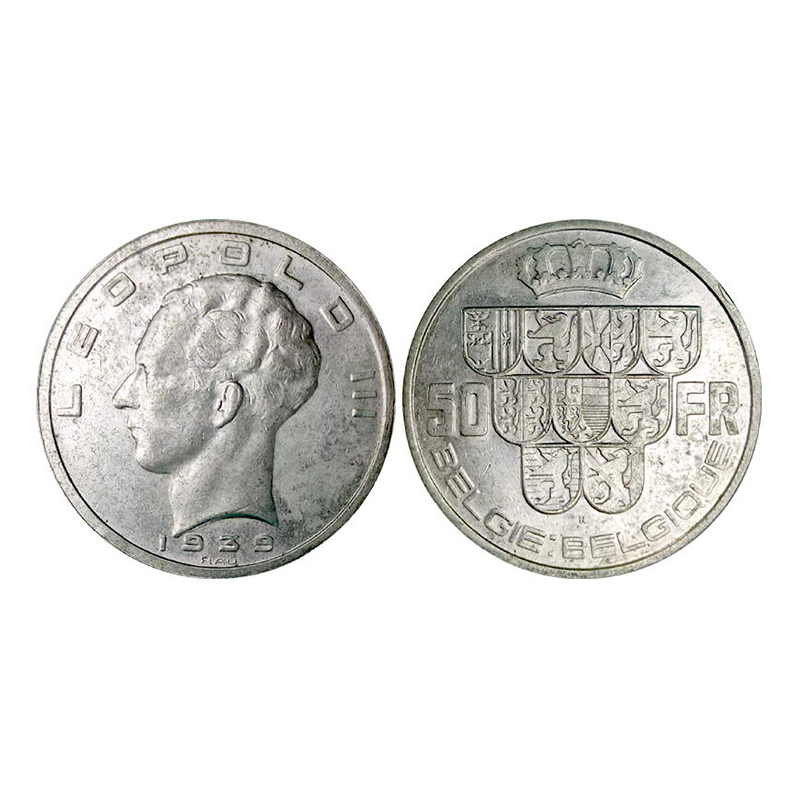 Belgium, Leopold III, 50 Francs, Silver, 19.93 g, 1939, Obv: Portrait of King Leopold III 