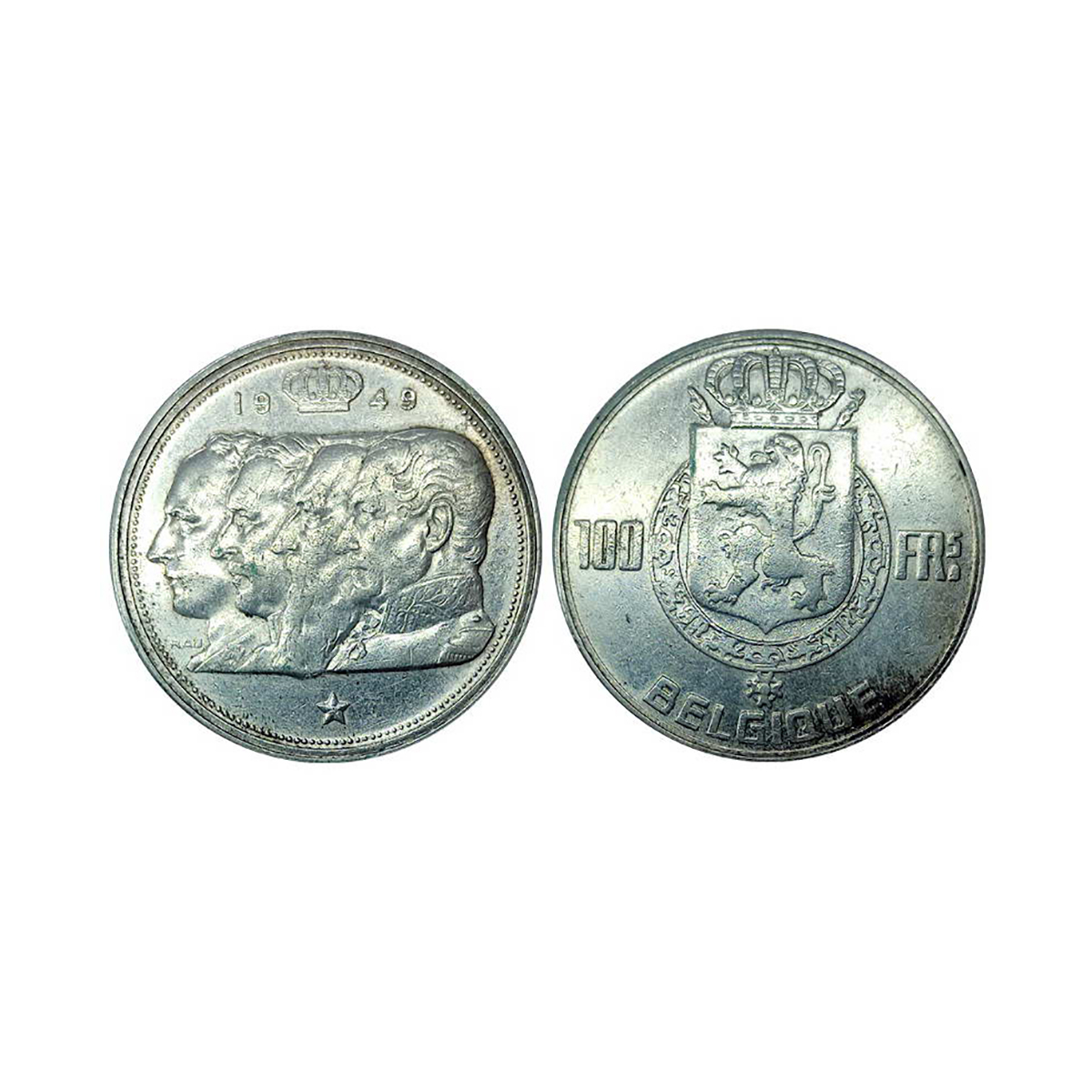 Belgium, 50 Francs, Silver, 18.21 g, 1949, Obv: four Portraits of Kings facing left and ye