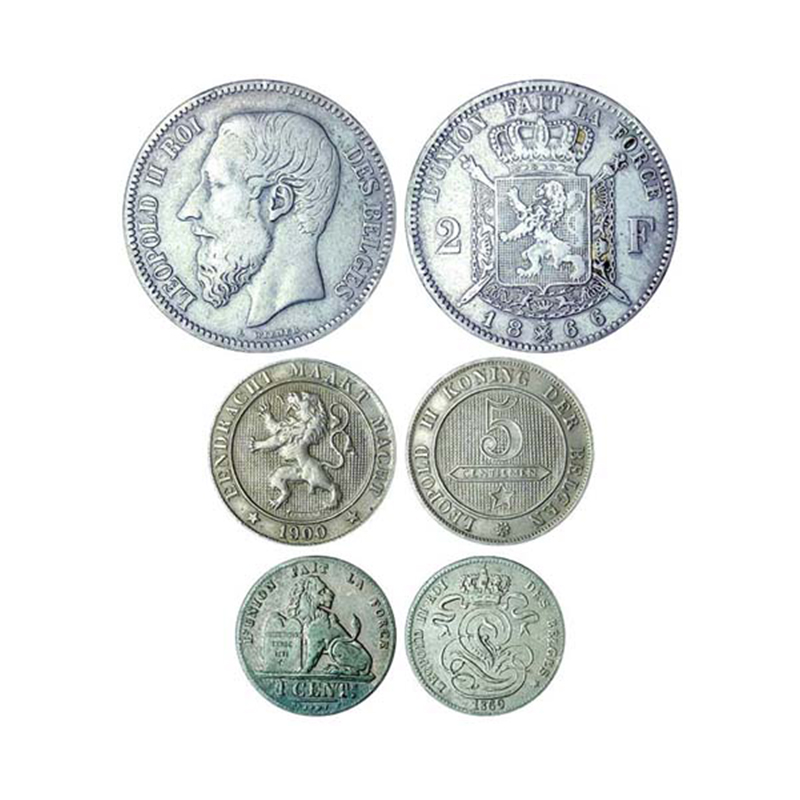 Silver, Belgium, Set of 3: 2 Francs, 5 Cents, and 1 Cent, 1866, 1900 and 1869. Extremely F