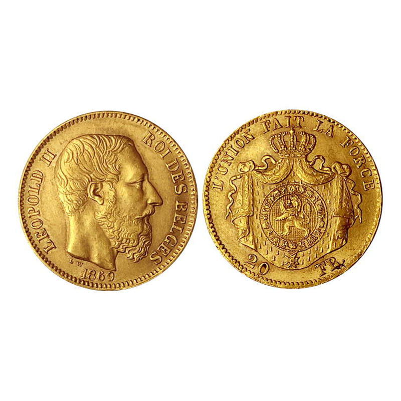 Belgium, Leopold I, 20 Francs, Gold, 6.42 g, 1869, Obv: Head of King Leopold II facing lef