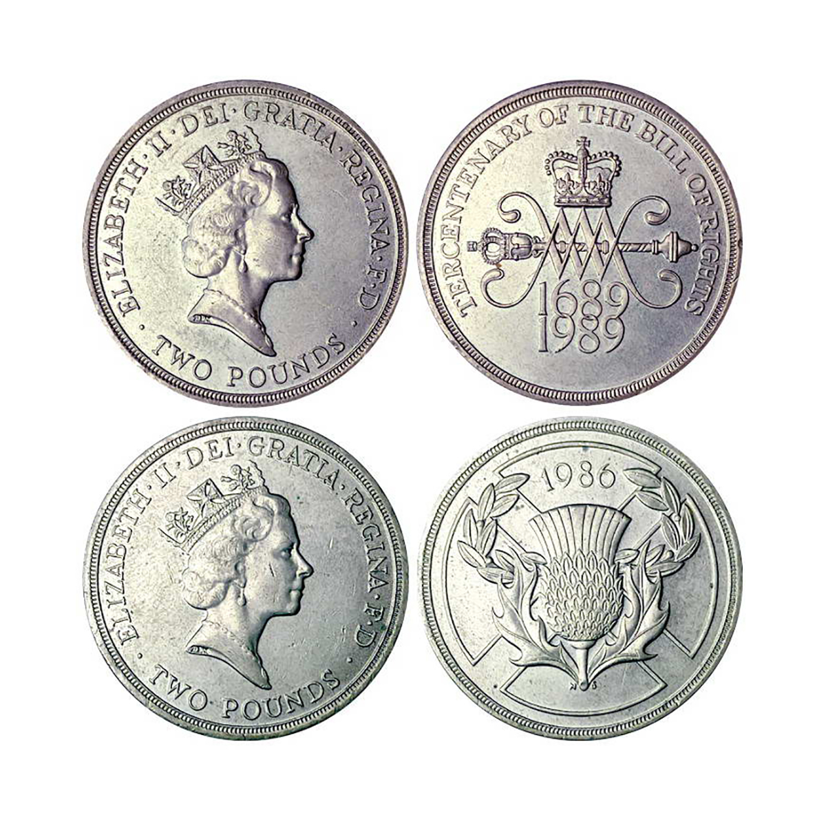 United Kingdom, Elizabeth II, Copper-Nickel (2), 2 Pounds, 1986 and 1989. Mint State. 2 co