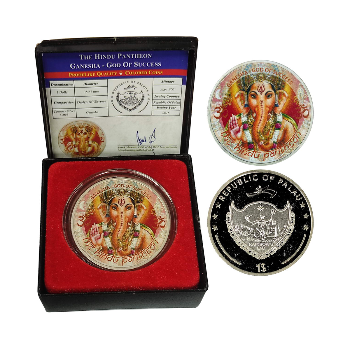 Palau, One Dollar, Silver plated on Cupro-Nickel, Obv. Coloured Ganesha with legend below 