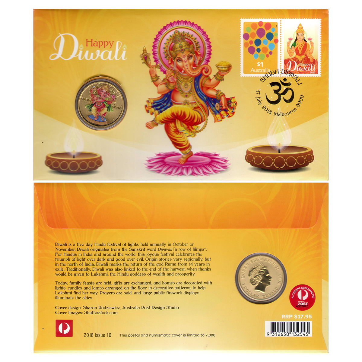 Tuvalu, One Dollar, Gold plated on Copper and enamel, Obv. Coloured Ganesha dancing with l