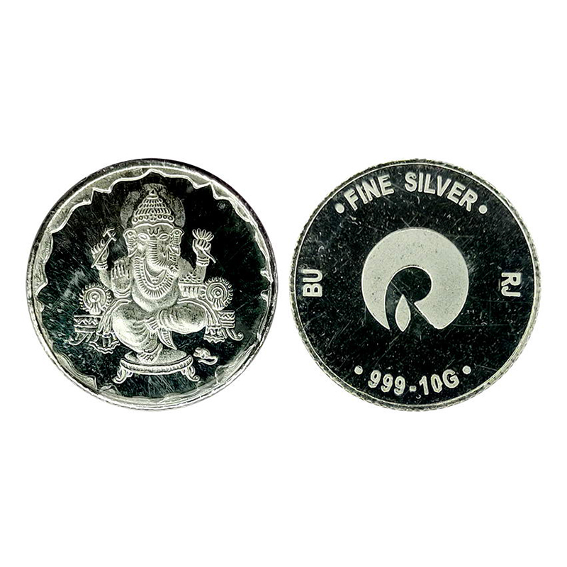 RELIANCE JEWELS, 10g. Silver. Obv. Ganesha seated on a low pedestal, rev. Logo and initial