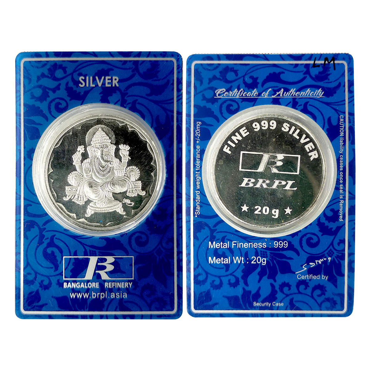 BANGALORE REFINERY. 20g. Silver. Obv. Seated Ganesha. Rev. Company logo and legend " BRPL"