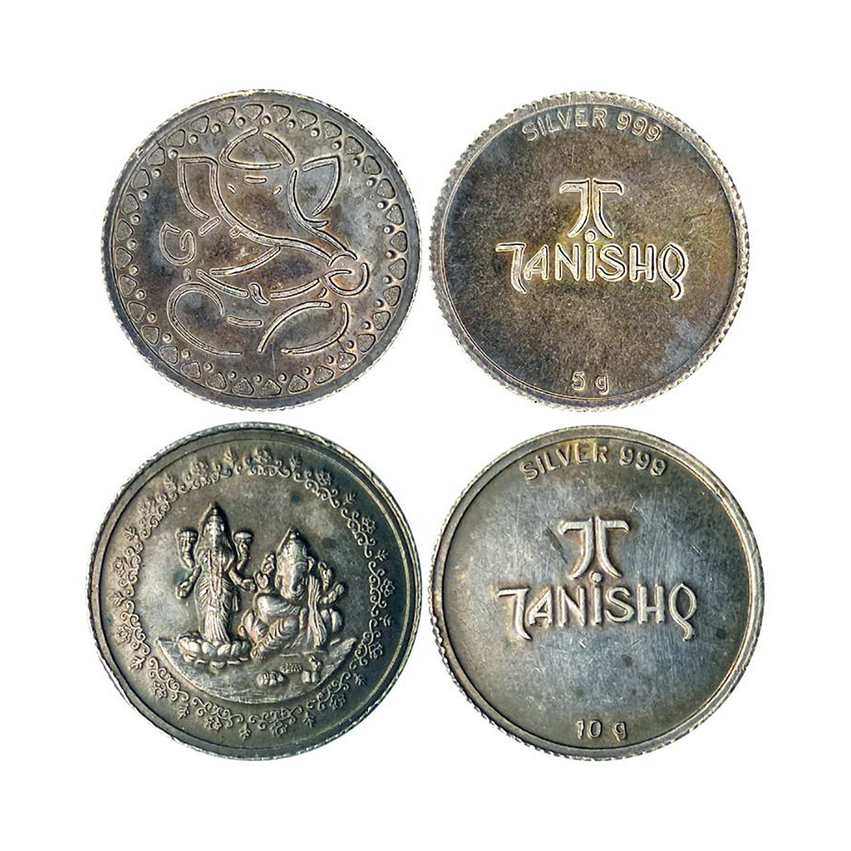 TANISHQ. 10g. And 5g. Silver. Obv. Laxmi Ganesha and a drawing of Ganesha respectively. Re