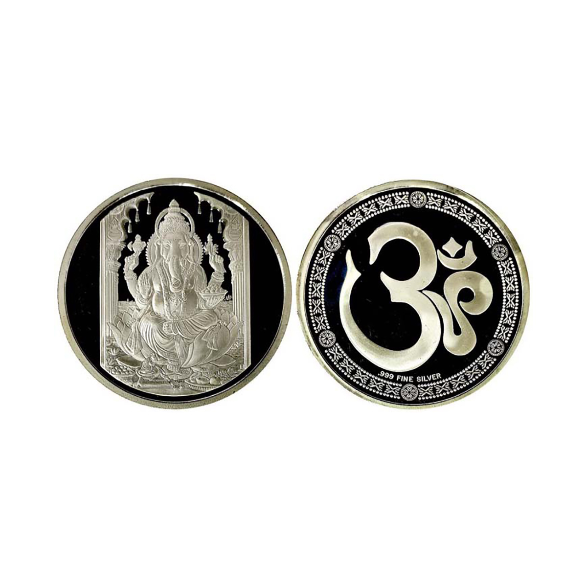 Ganesha Medal, Silver, 100g. Obv. Ganesha seated on a lotus between two poles. Rev. OM wit