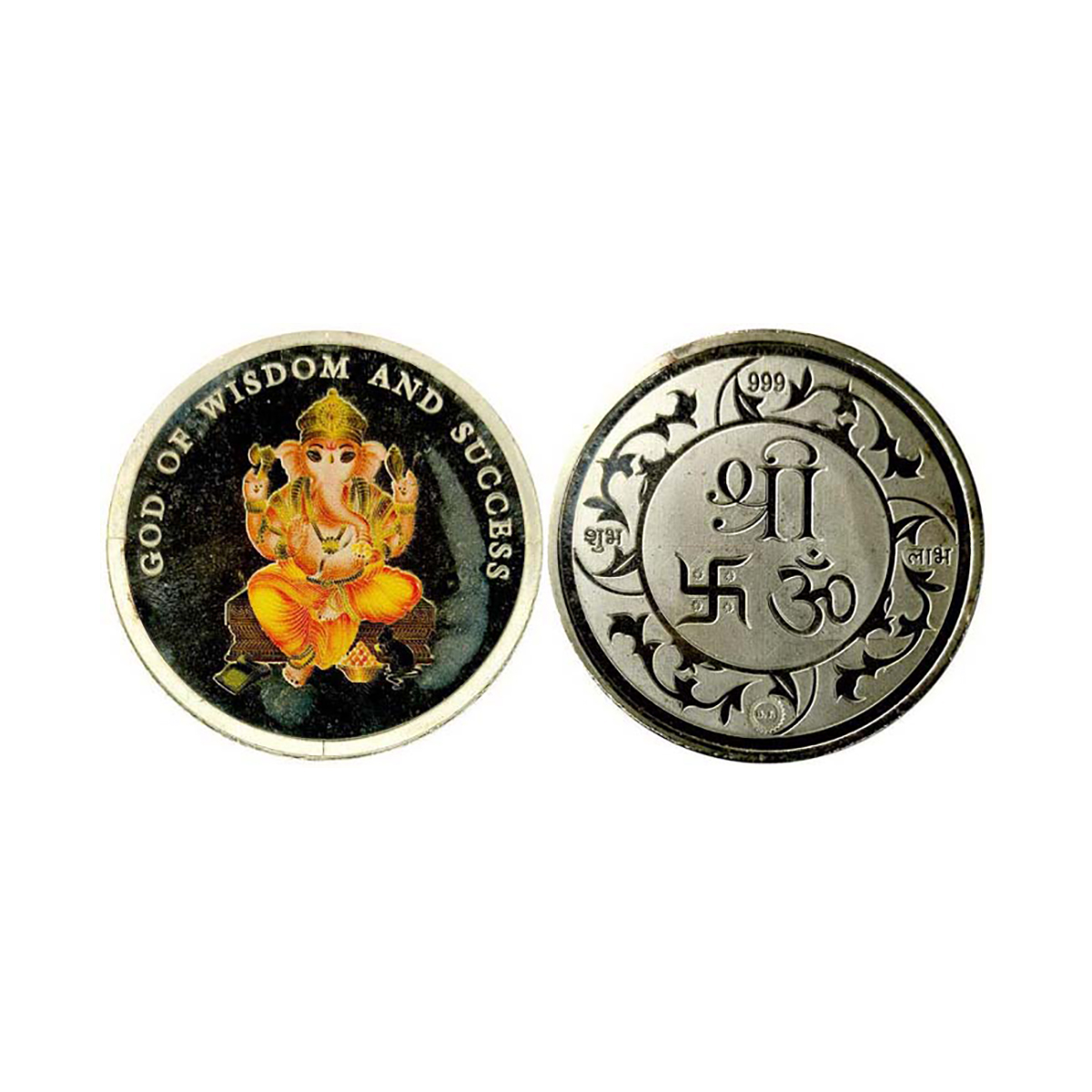 Ganesha Medal, Silver and enamel, 50g. Obv. Ganesha seated on a pedestal and legend "GOD O