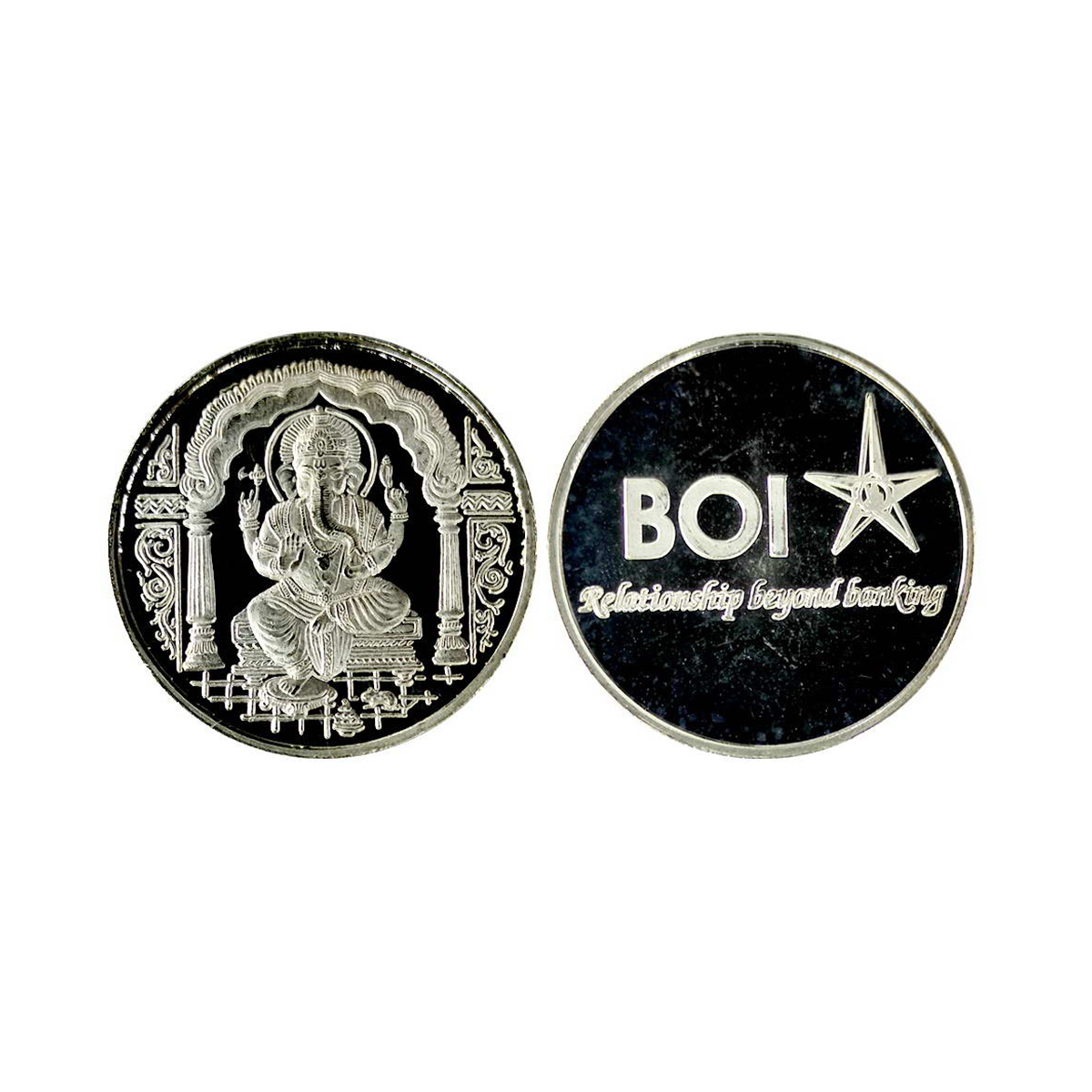Ganesha Medal, Issued by Bank of India. Silver. 25g. Obv. Ganesha seated on a pedestal in 