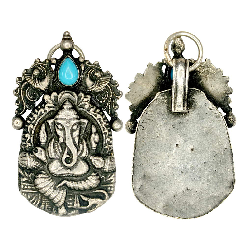 Stylised Ganesha medal, Silver, 16g. Pipal leaf shaped planchet. Obv. Ganesha i. Rev. Blan
