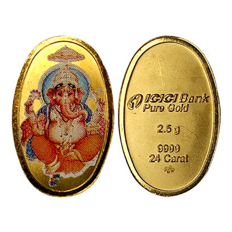 Ganesha, Gold, 2.5 g. Issued by ICICI Bank. Obv. Ganesha in coloured enamel. Rev. Bank's n