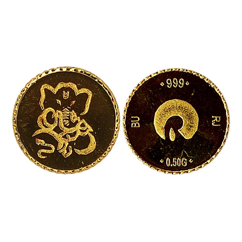 Ganesha, gold, 0.5g. Issued by Reliance Obv. Drawing of Ganesha seated on floor. Rev. Comp