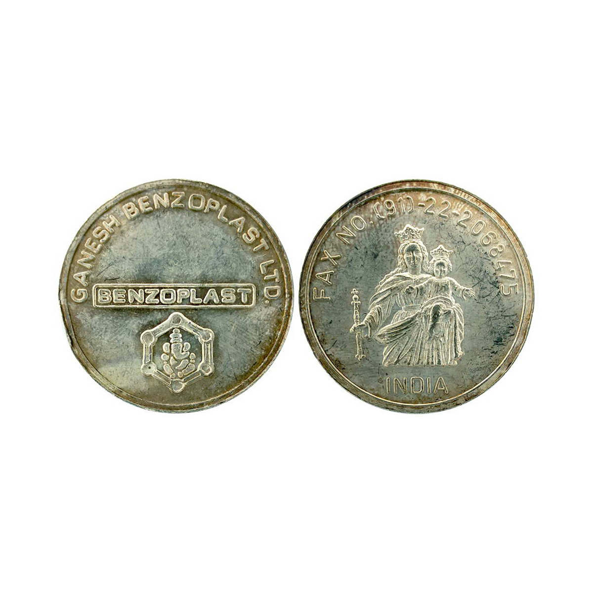 Ganesha, silver, 20g. Issued by Ganesh Benzoplast Obv. Ganesha seated in a Hexagon and leg