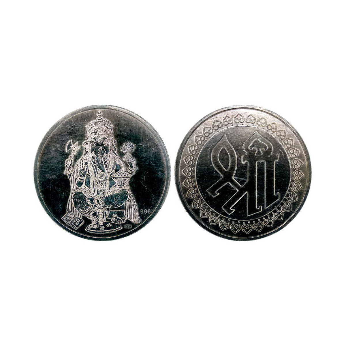 Ganesha, silver, 20g. Obv. Ganesha seated on a pedestal Rev. Sri within a decorative borde