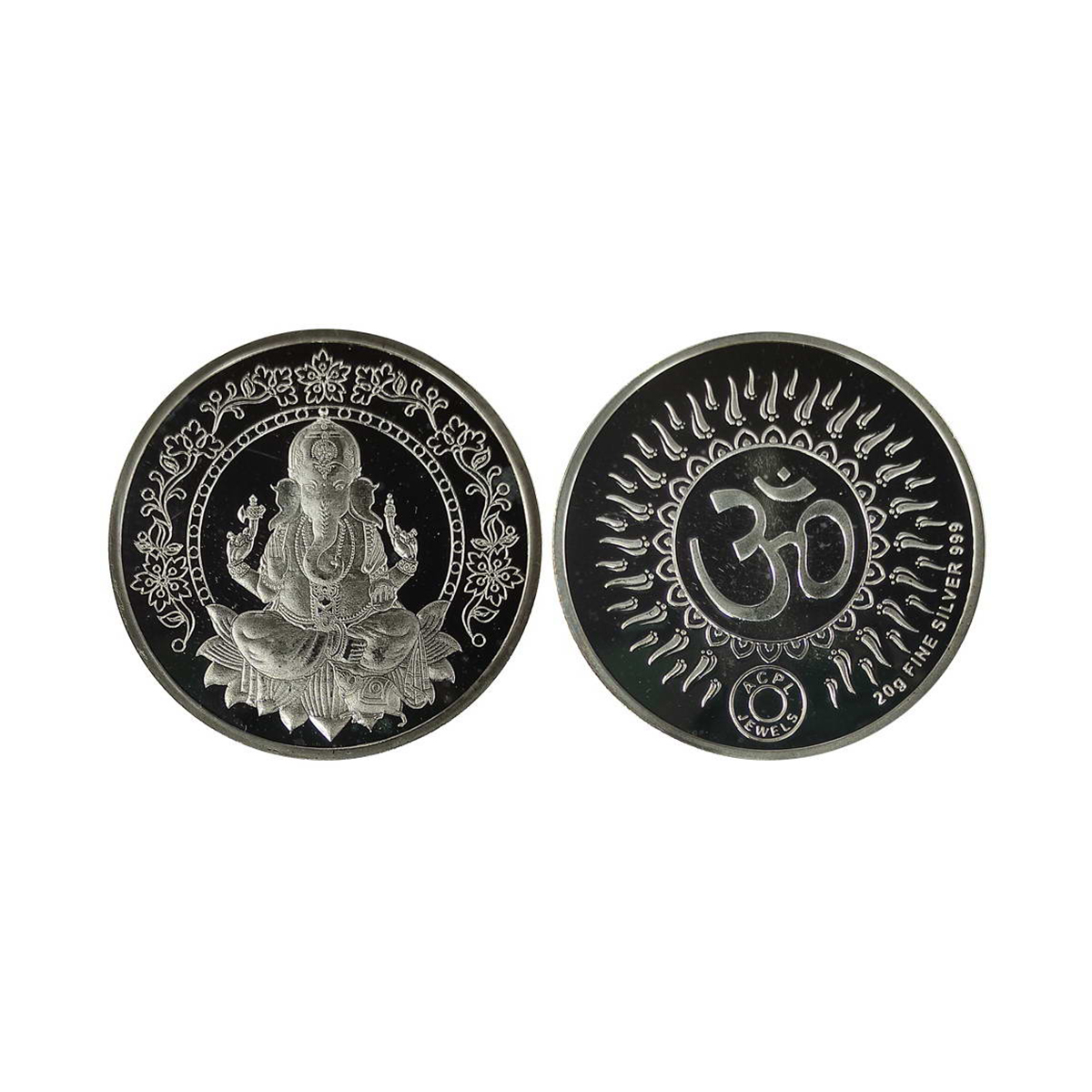 Ganesha, silver, 20g. Obv. Ganesha seated on a LOTUS and floral wreath around Rev. OM with